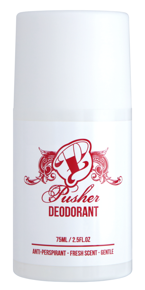 A white deodorant roll-on with a red logo and text indicating it's Pusher deodorant, anti-perspirant, and fresh scent.