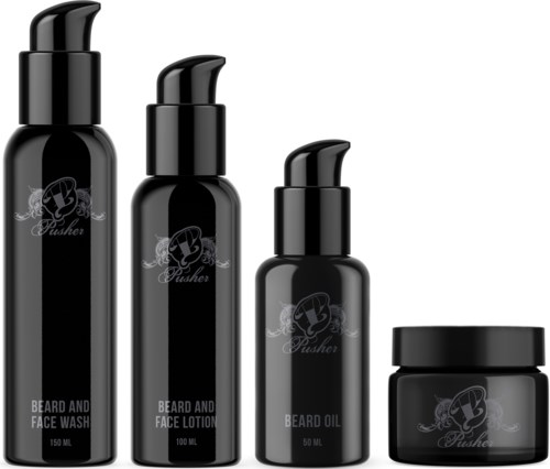 Sett med svarte flasker og krukker for skjeggpleieprodukter, merket som ansiktsvask, lotion, olje og ansiktsmaske.