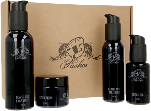 Set Männerpflegeprodukte mit Bartwäsche, Balsam, Öl und Gesichtscreme in schwarzen Behältern mit Pappkarton.