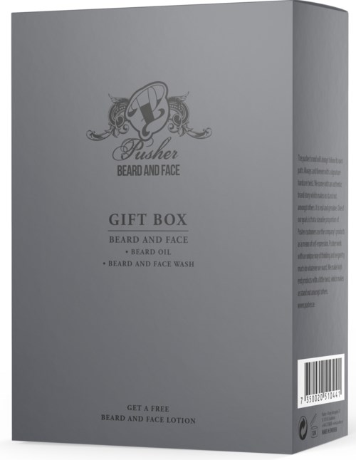 Gray box labeled 'Gift Box' with beard and face products, including oil, wash, and lotion, and a logo of a beard.