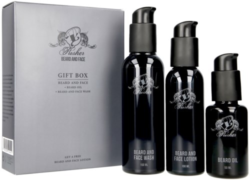 Set of three grooming bottles: beard wash, face lotion, and beard oil, with a gift box. All in black bottles.