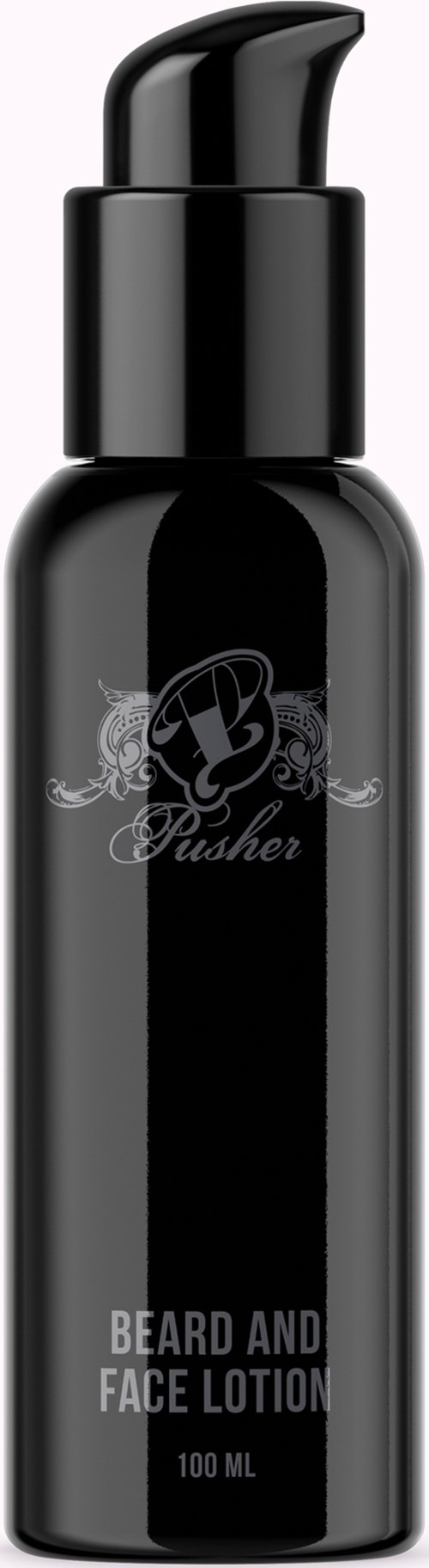 A black bottle with a pump, labeled 'Beard and Face Lotion,' contains 100 ml of cosmetic product.