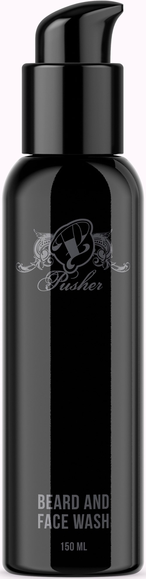 A black bottle with a pump labeled 'Beard and Face Wash' and a logo with a lion and 'Pusher' on it.