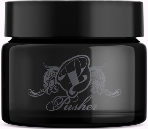 A black jar with a logo and the words 'Pusher' on it, likely a cosmetic or skincare product container.