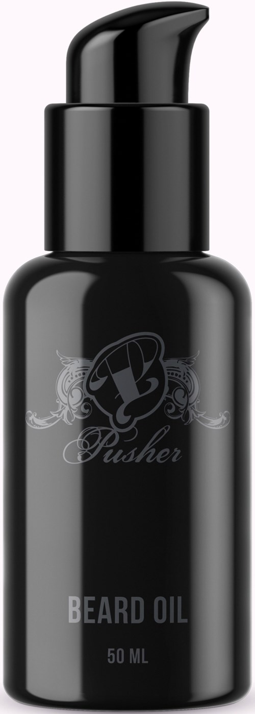 A black bottle with a pump, labeled "Beard Oil" and 