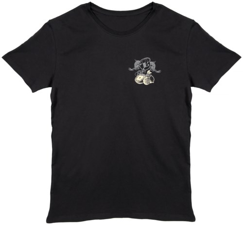 Ein schwarzes T-Shirt mit einem kleinen, detaillierten Bienensymbol mit Honigwaben auf der oberen linken Seite.