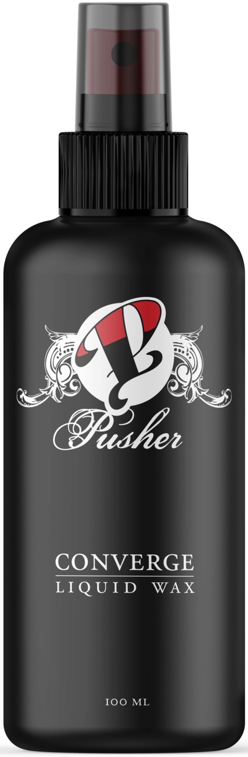 Eine schwarze Flasche mit Sprühkopf, beschriftet "Converge Liquid Wax" und einem dekorativen Logo, 100 ml.