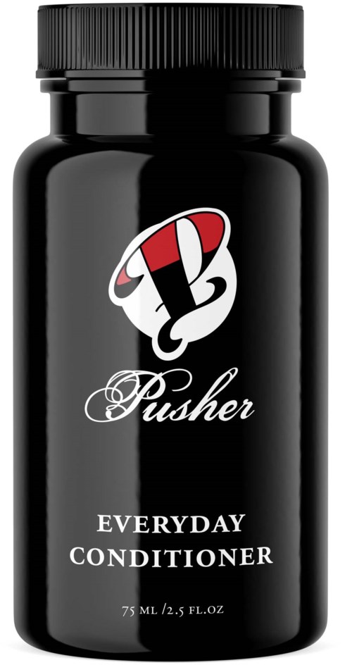 Black bottle with a logo of a boxing glove, labeled Pusher Everyday Conditioner, 75 ml or 2.5 fl oz.