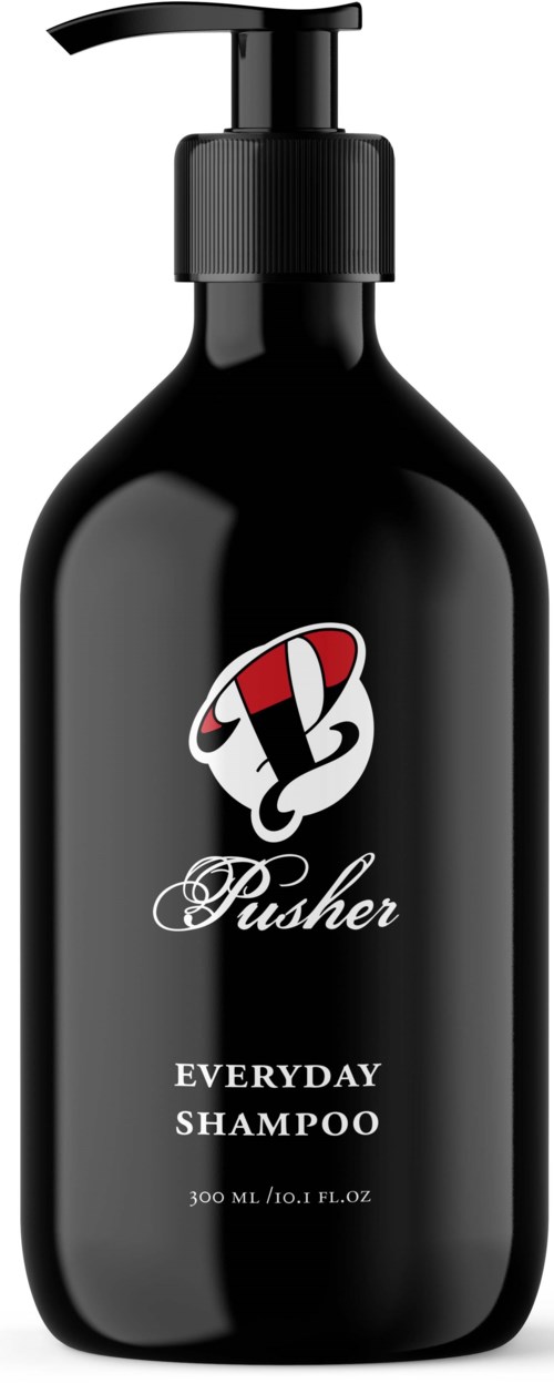 Schwarze Flasche mit Pumpkopf, Beschriftung "Pusher" und "Everyday Shampoo," 300 ml.