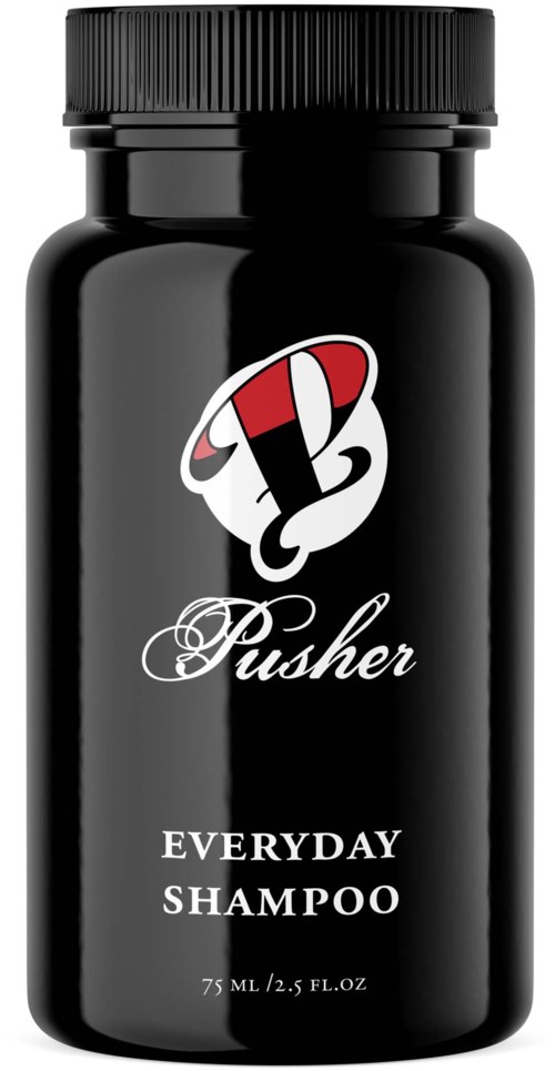 A black bottle of Pusher brand shampoo with a skull logo and white text, labeled 'Everyday Shampoo' and containing 75 ml.