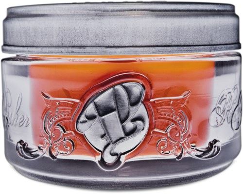 En rund glasbehållare med metallock med en upphöjd fistsymbol på framsidan.