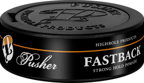 Ein runde Behälter mit schwarzem Deckel, beschriftet "Fastback Pusher" und "Strong Hold Pomade." Es hat ein Fisch-Logo.