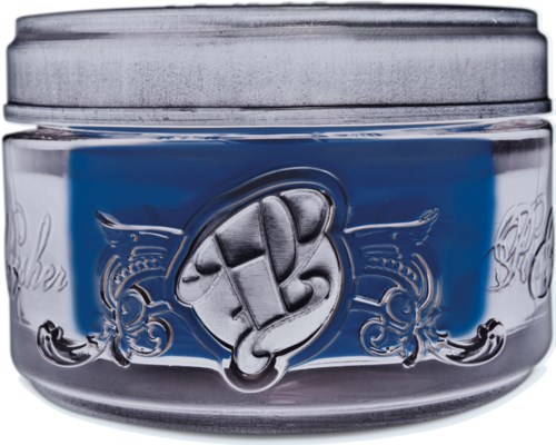 Ein blauer Behälter mit einem erhobenen Fäustchen-Symbol, dekorativen Mustern und einem silbernen Deckel.