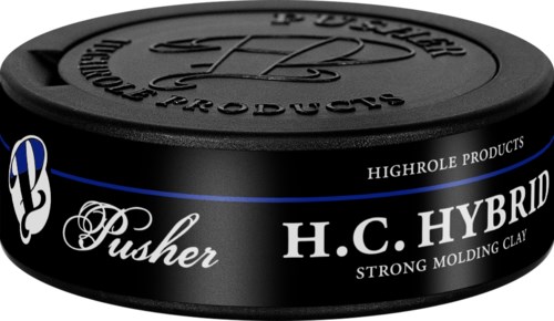 Ein runder schwarzer Behälter mit Etikett für H.C. Hybrid starkes Modellier Clay, zeigt Produktname und Logo.