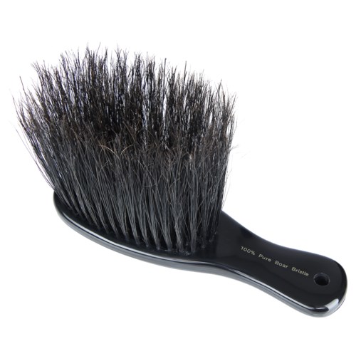 Eine schwarze Bürste mit dichten Borsten, beschriftet 100% Pure Boar, für die Haarpflege.