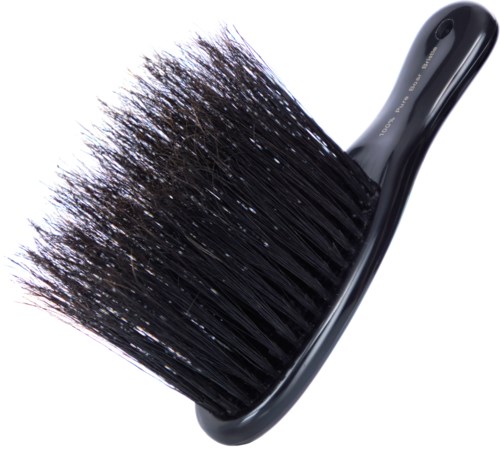 Eine schwarze Haarbürste mit vielen Borsten und einem gebogenen Griff.