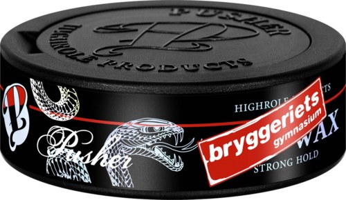 En svart burk av Bryggeriets gymwax med en röd och vit etikett, med en drake och text.