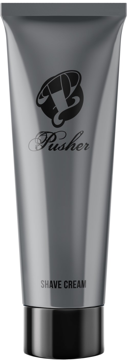 A silver tube with a black logo and the words "Pusher" and "Shave Cream" on it.