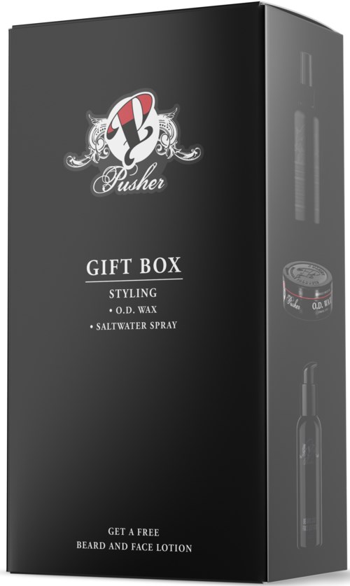 Eine schwarze Geschenkbox für das Styling der Haare, enthält Wachs und Salzspray, gratis Bart- und Gesichtscreme.