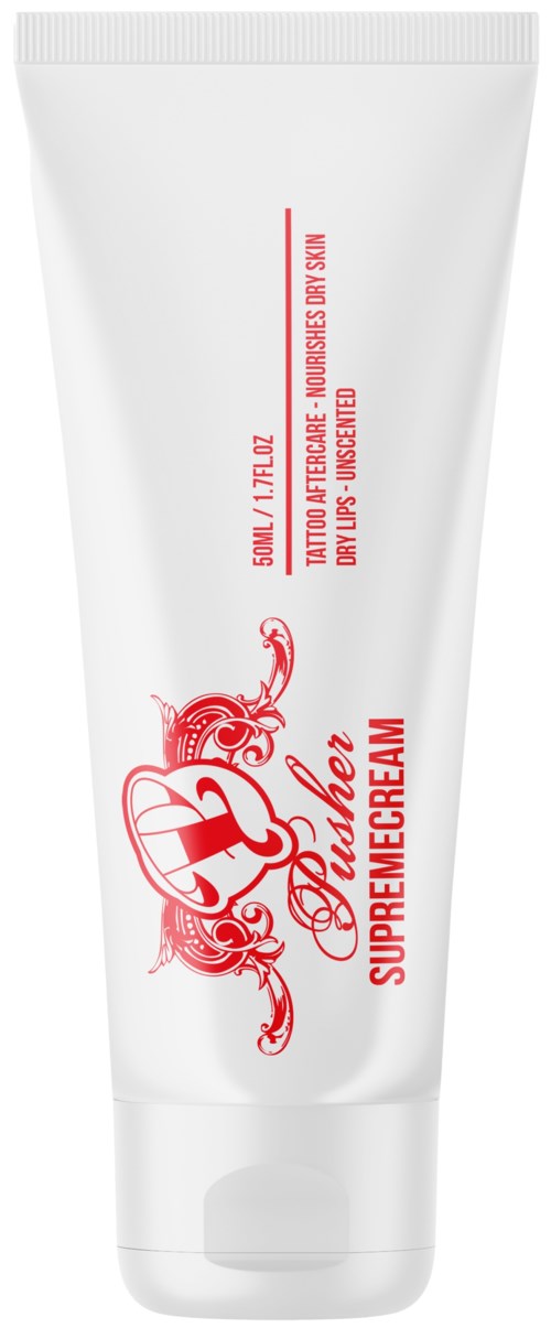 Weiße Tube mit rotem Text, beschriftet als "Plumper Supreme Cream," verwendet für Haut- oder Kosmetikzwecke.