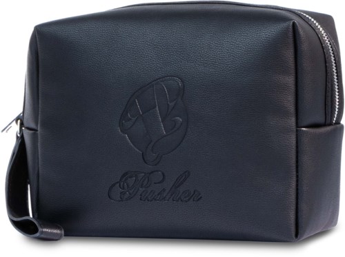 A navy blue bag with a chef's hat and "Pushker" written on it. It has a zipper and a handle.