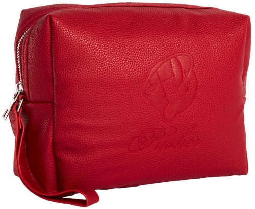 Red leather bag with a zipper and an embossed logo on the front.