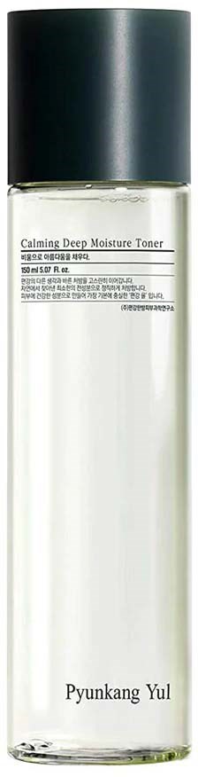 A clear bottle with a black cap, labeled 'Calming Deep Moisture Toner' by Pyunkang Yul.