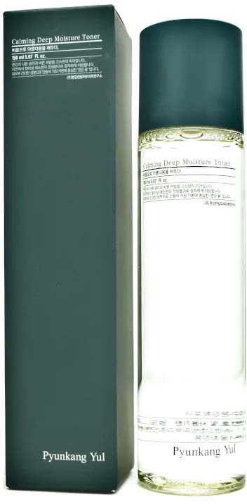 A tall bottle and box of calming deep moisture toner by Pyunkang Yul. The box is dark green, the bottle is clear with a dark cap.