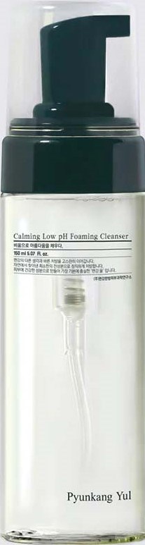Clear bottle with a black pump, labeled as a calming low pH foaming cleanser by Pyunkang Yul.