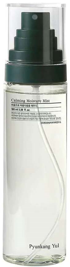 A transparent spray bottle with a dark green pump and label, containing calming moisture mist by Pyunkang Yul.