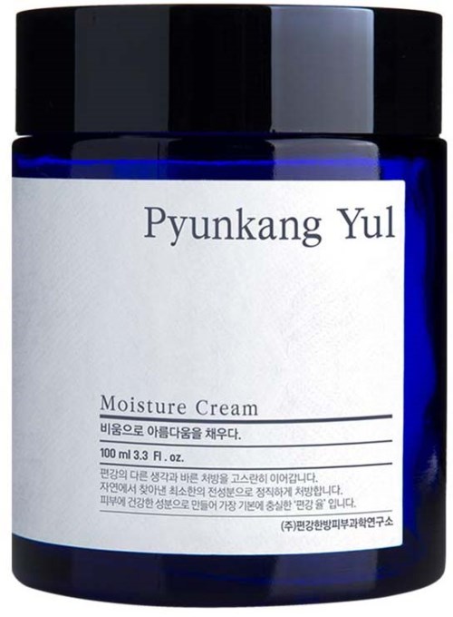 Blauer Behälter mit schwarzem Deckel, beschriftet 'Pyunkang Yul Moisture Cream', enthält Hautpflegeprodukt, 100 ml.