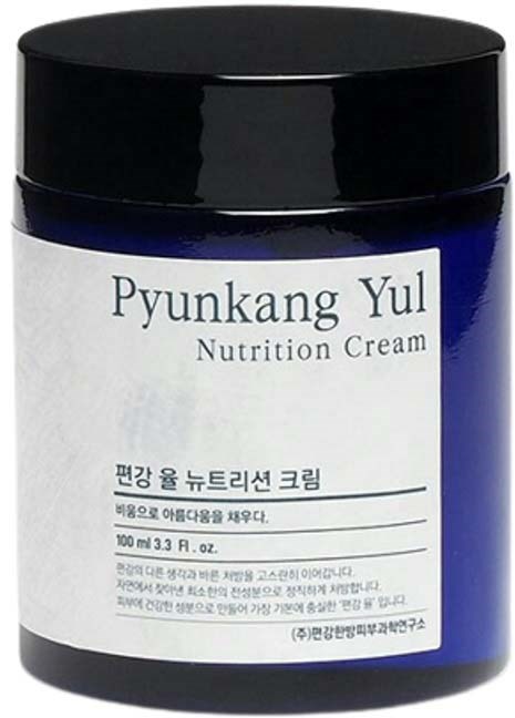Ein dunkelblauer Behälter mit dem Label Pyunkang Yul Nutrition Cream, mit weißen und schwarzen Text und schwarzem Deckel.