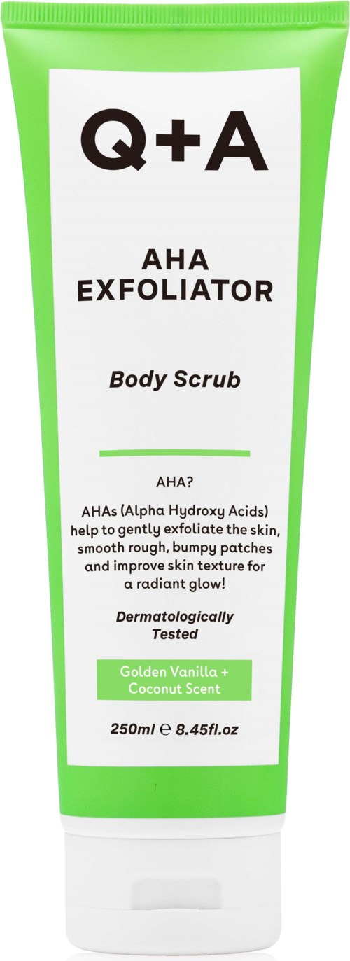 Grüne Tube mit weißem Etikett, Hautpflegeprodukt, enthält AHA-Exfoliator und Körperpeeling, 250 ml.