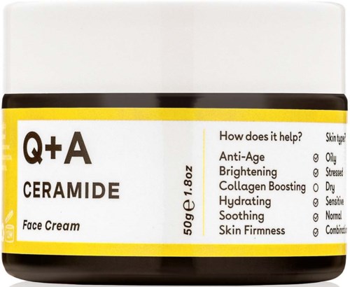 Ein Glas Q+A Ceramide Gesichtscreme mit Vorteilen auf dem Etikett.