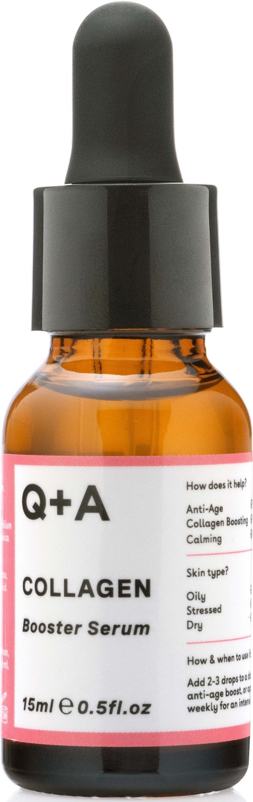 Kleine braune Flasche mit schwarzem Tropfverschluss, bezeichnet Q+A Collagen Booster Serum für die Haut.