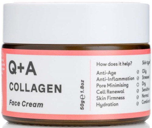 Ein Glas Kollagen-Gesichtscreme mit Vorteilen auf dem Etikett, inklusive Anti-Aging und Hydratation.