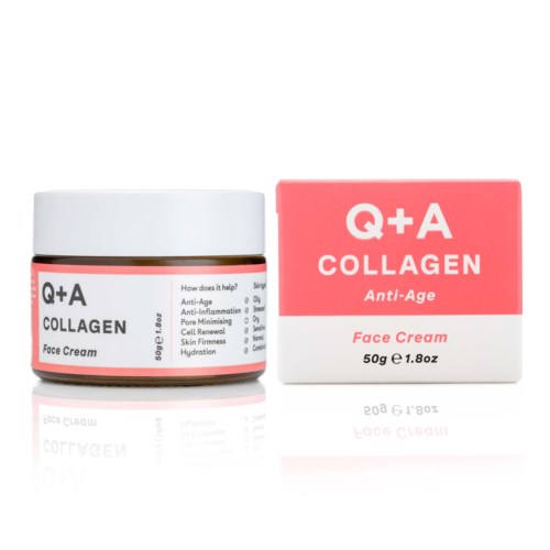 Ein Glas und eine Schachtel mit Q+A Collagen Anti-Age Face Cream, rosa und weiß verpackt.