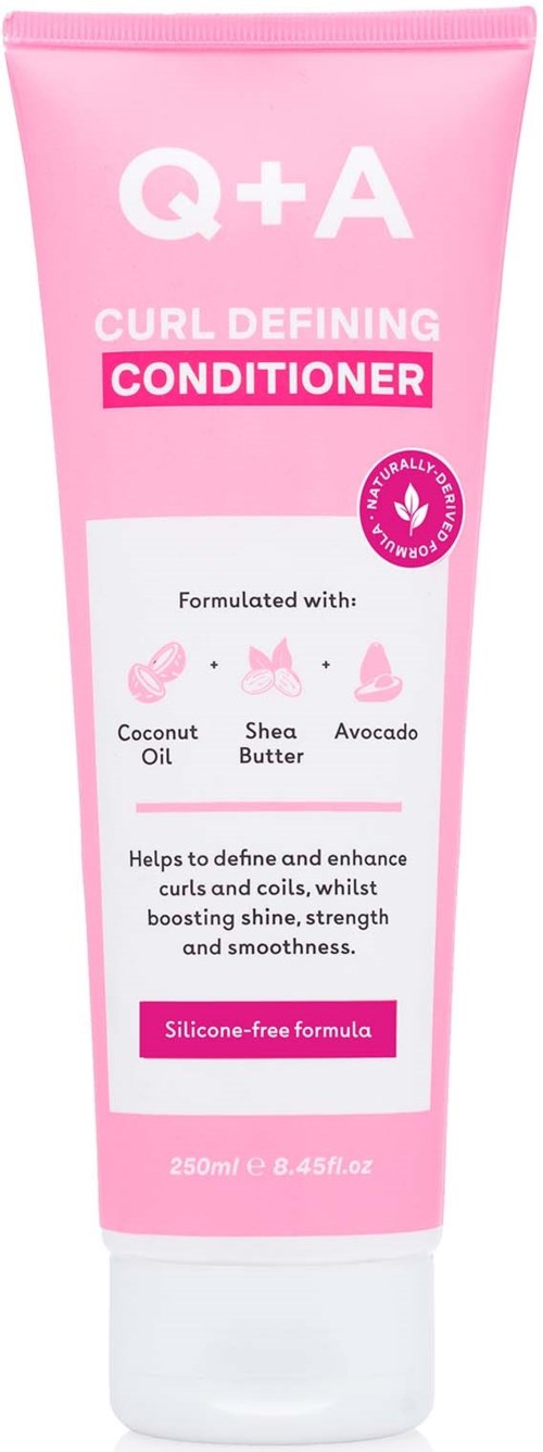 Różowa tubka z Q+A Curl Defining Conditioner, zawiera składniki i korzyści.