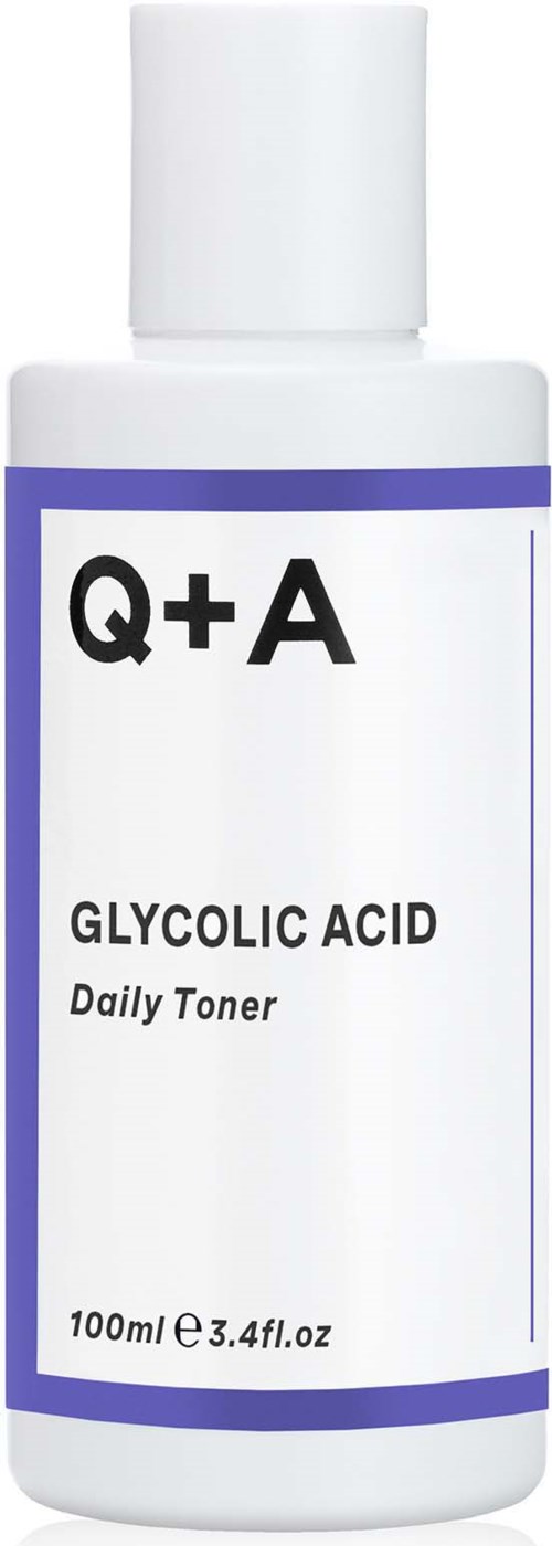White bottle with a purple and white label, showing 'Q+A Glycolic Acid Daily Toner' and size 100ml.