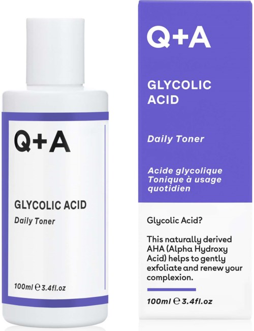 A white bottle of skincare toner with a purple label, next to a matching box with product details.