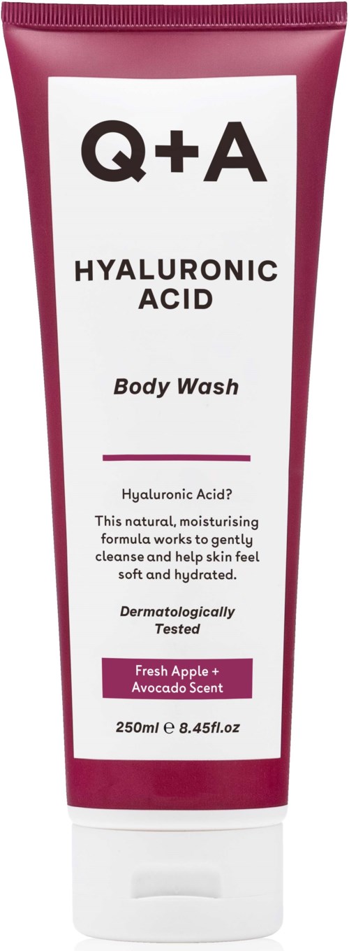 Eine Tube Q+A Hyaluronic Acid Body Wash mit Apfel- und Avocado-Duft, 250ml, pinkweißes Design.