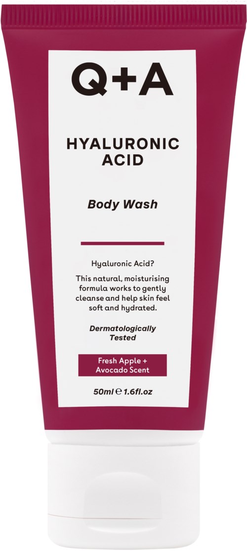 Rote Tube mit Duschgel 'Q+A Hyaluronic Acid' mit Apfel- und Avocadoduft.