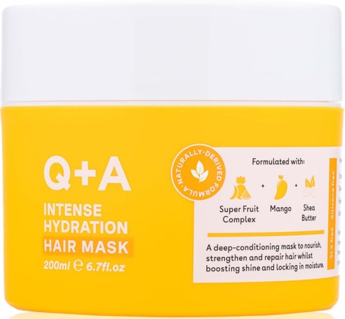 Gelbe und weiße Behälter für Haarmaske mit Text über Hydratation und Inhaltsstoffe wie Mango, Sheabutter und Superfrüchte.