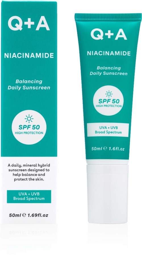 A teal box and tube for Niacinamide daily sunscreen with SPF 50, UV protection, and broad spectrum.