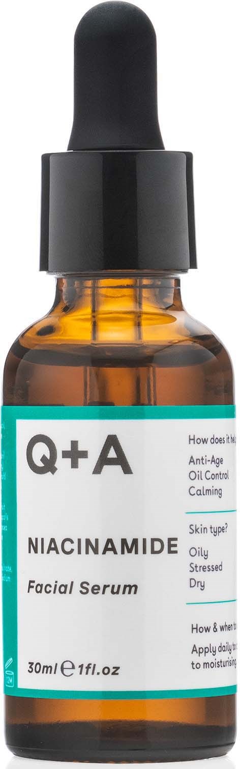 Liten brun flaske med dråpeteller med ansiktsserum merket 'Niacinamide' for hudpleie.