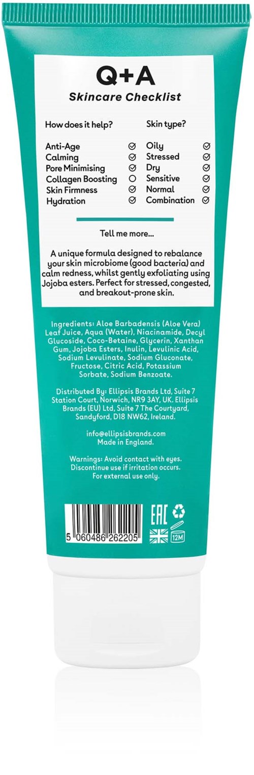Ein türkisfarbener Hautpflege-Tub mit Checkliste und Zutaten auf der Rückseite, für Hauttypen und Vorteile.