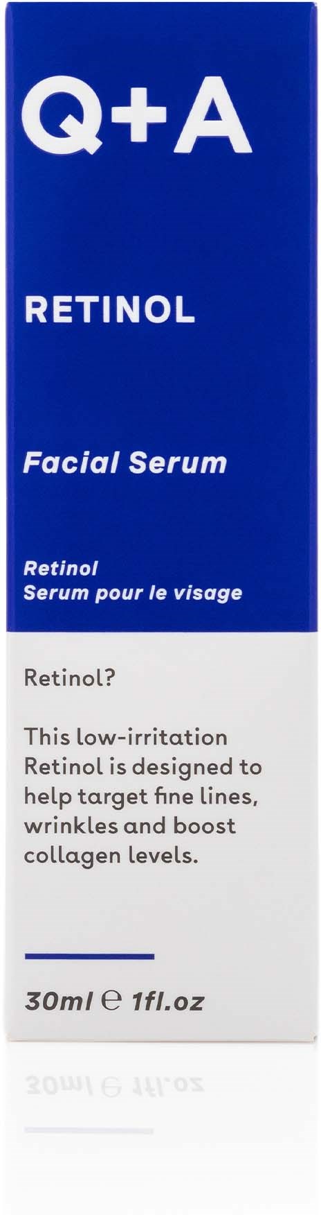 Sininen rasio labeled Q+A Retinol kasvoseerumi kertoo, että se vähentää ryppyjä ja lisää kollageenia. Sisältää 30 ml.