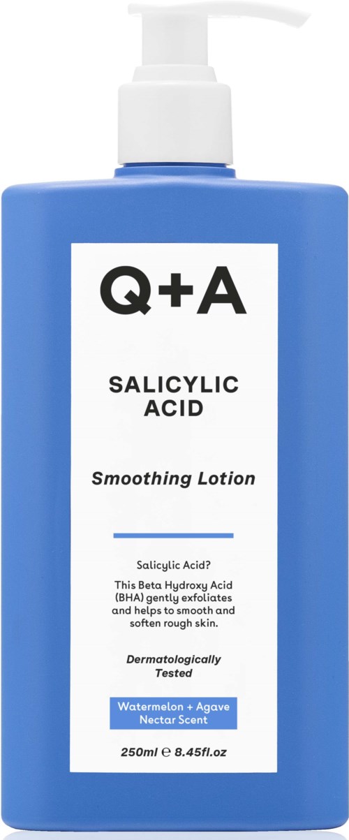 En blå flaska med salicylsyra lotion med pump, märkning för hudvård, med vattenmelon- och druesmak.