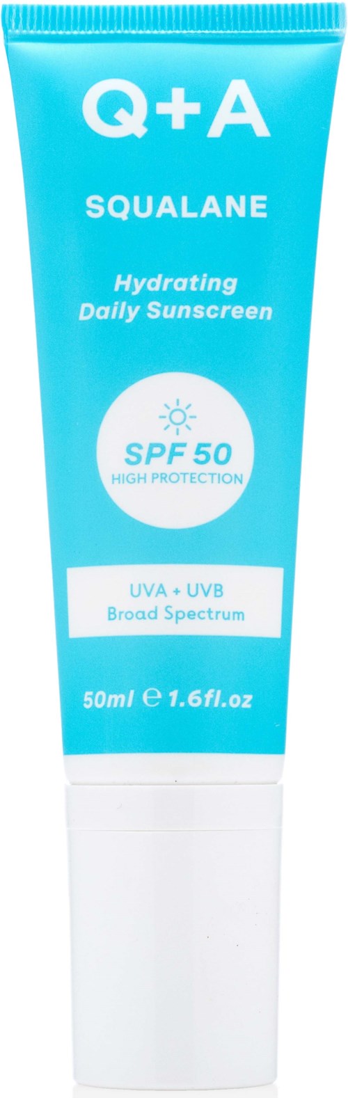 Een blauwe tube hydraterende dagelijkse zonnebrandcrème met SPF 50, breed spectrum, UV-bescherming, 50 ml.