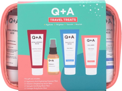 Q+A Travel Treats skincare set with three tubes and a spray bottle in a pink case, labeled with product names.